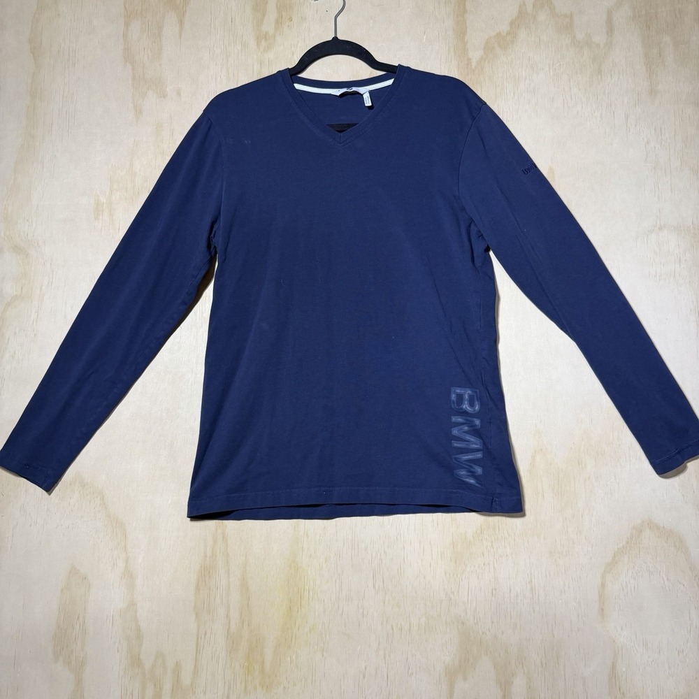 BMW Men's Blue Long Sleeve‎ V Neck Shirt Size MedCasual Logo Tee Cotton Portugal